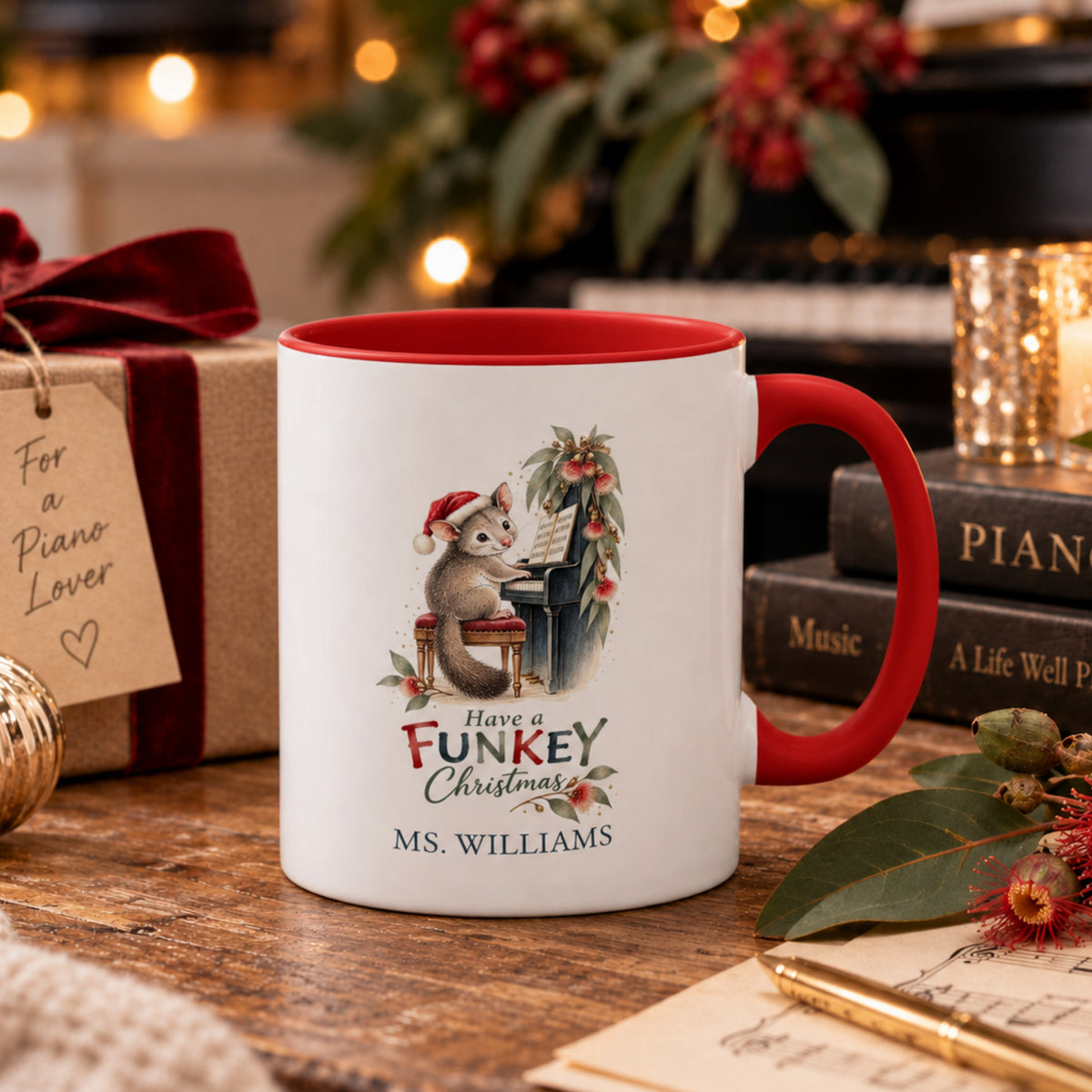 Australian Christmas piano teacher mug with possum design, native gum blossoms and personalised name