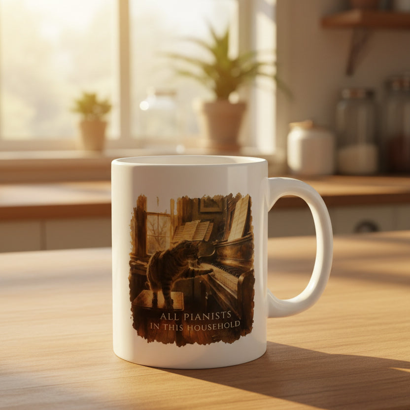 White ceramic piano mug featuring the "All Pianists In This Household" design with a cat at the piano, displayed on a sunlit kitchen bench.