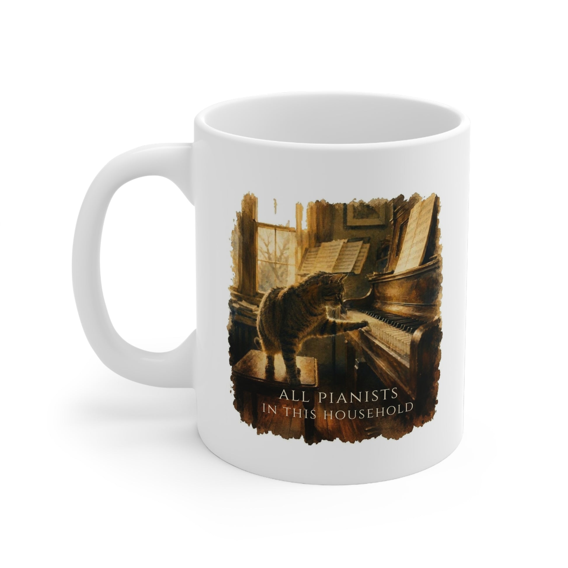 Left-side view of the All Pianists In This Household piano mug featuring a cat at the piano illustration.
