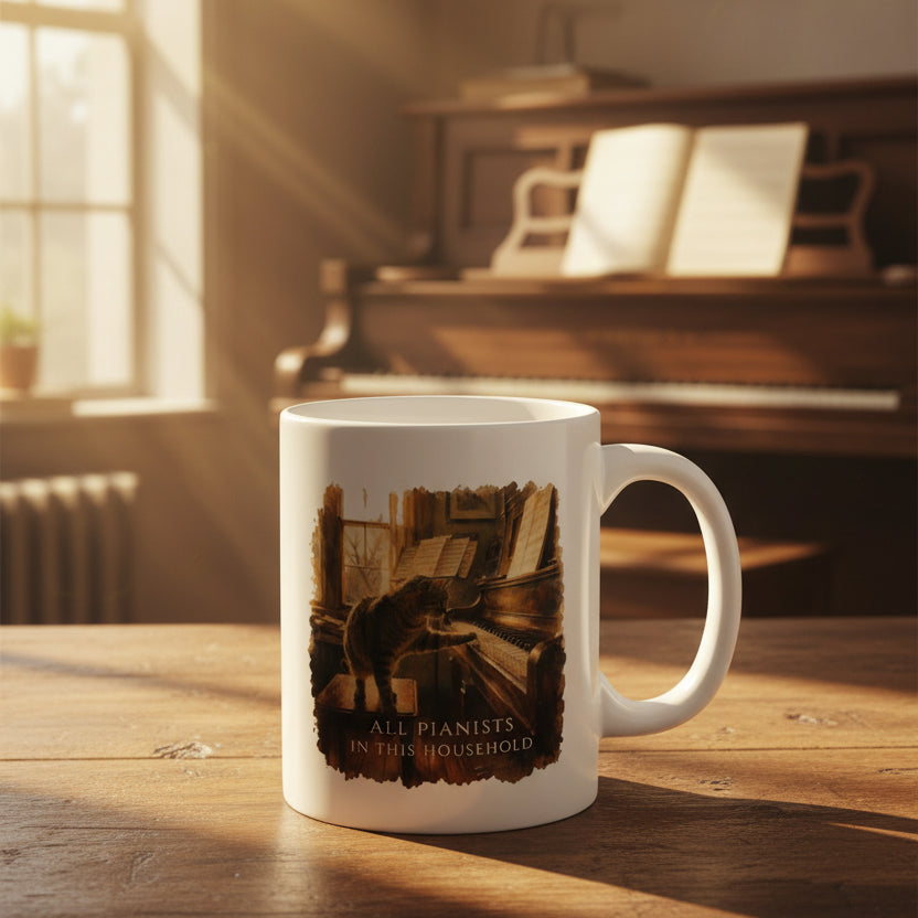 White piano mug with the All Pianists In This Household design displayed on a table in front of an upright piano.
