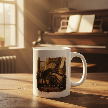 White piano mug with the All Pianists In This Household design displayed on a table in front of an upright piano.