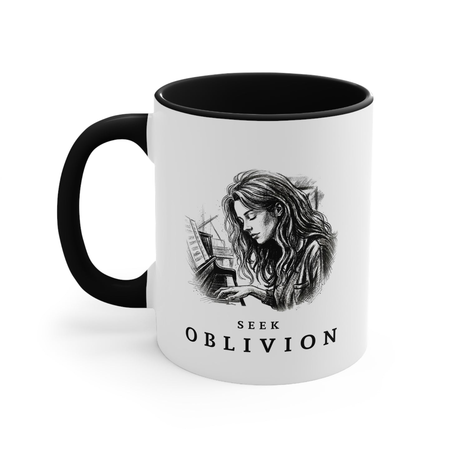 Left view of the Seek Oblivion piano mug.