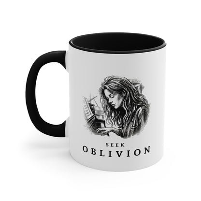 Left view of the Seek Oblivion piano mug.