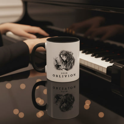 Seek Oblivion piano mug beside a grand piano while someone plays in the background.