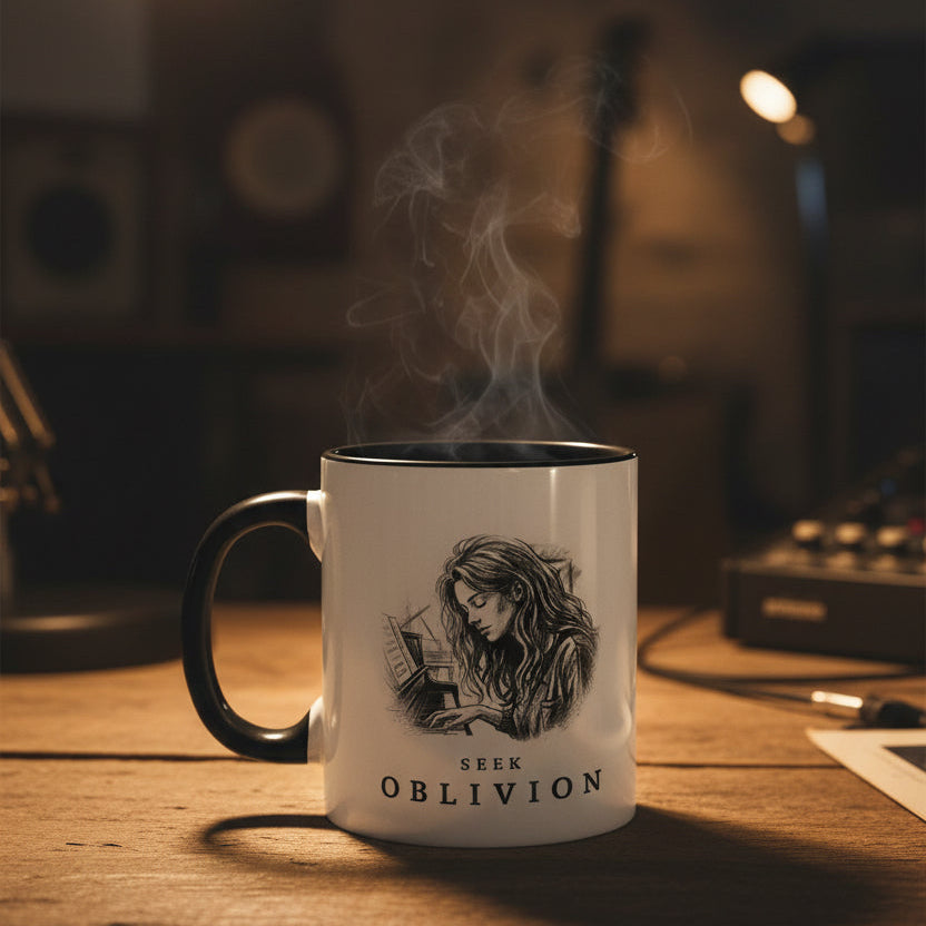 Seek Oblivion piano mug on a desk under warm lamplight in a music studio.