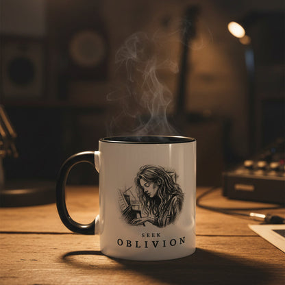 Seek Oblivion piano mug on a desk under warm lamplight in a music studio.