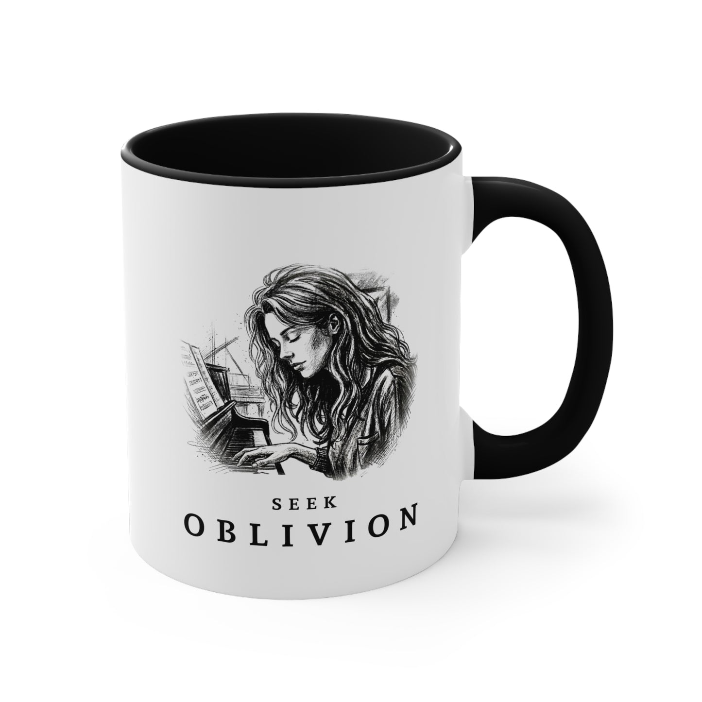 Right view of the Seek Oblivion piano mug.