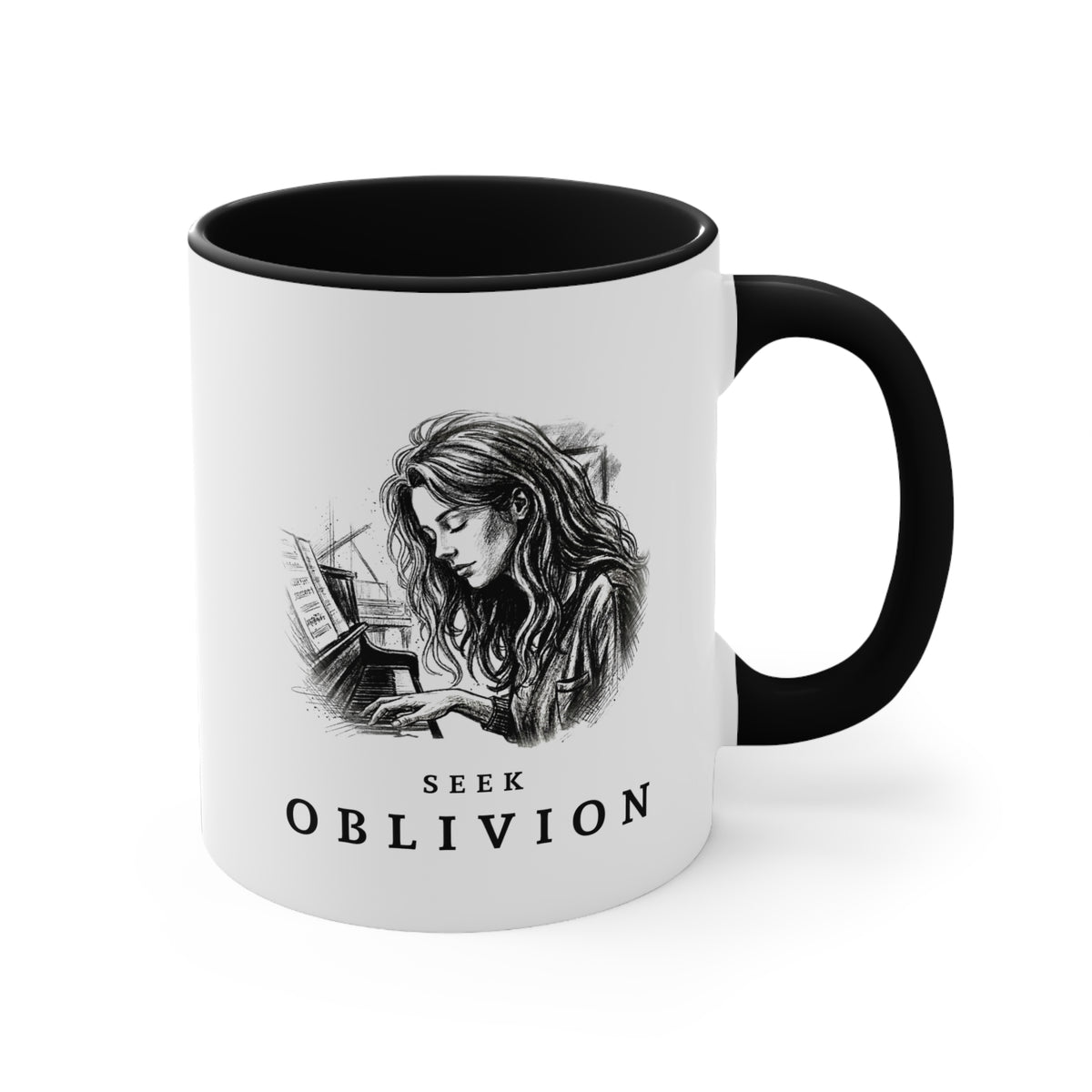 Right view of the Seek Oblivion piano mug.