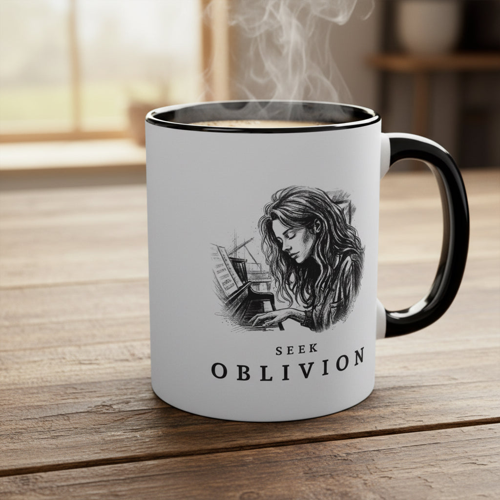 Seek Oblivion piano mug on a wooden table with a hot drink and gentle steam rising