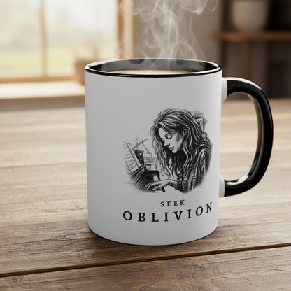 Seek Oblivion piano mug on a wooden table with a hot drink and gentle steam rising