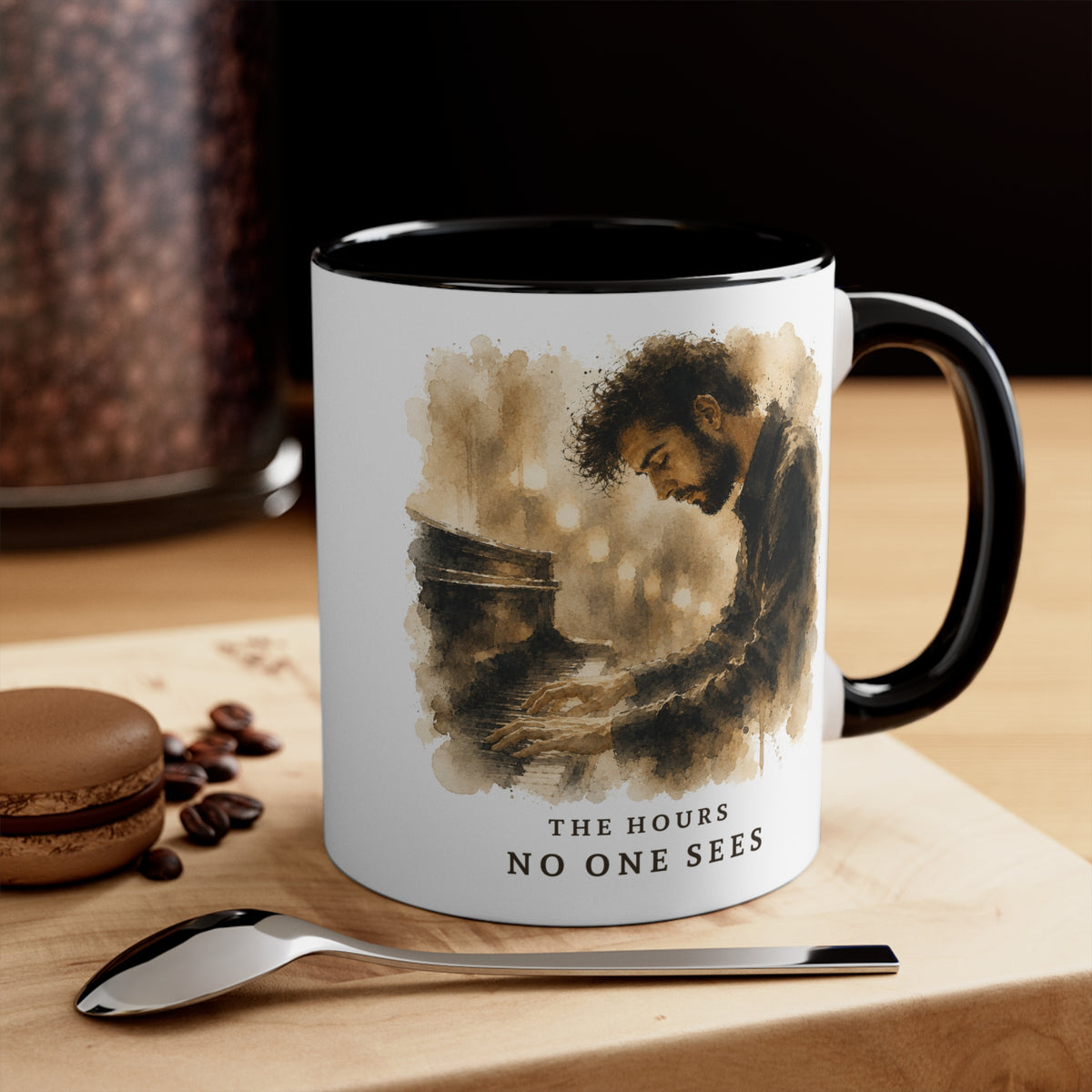 The Hours No One Sees piano mug on a warm wooden surface with soft natural light, showcasing the painterly artwork clearly.