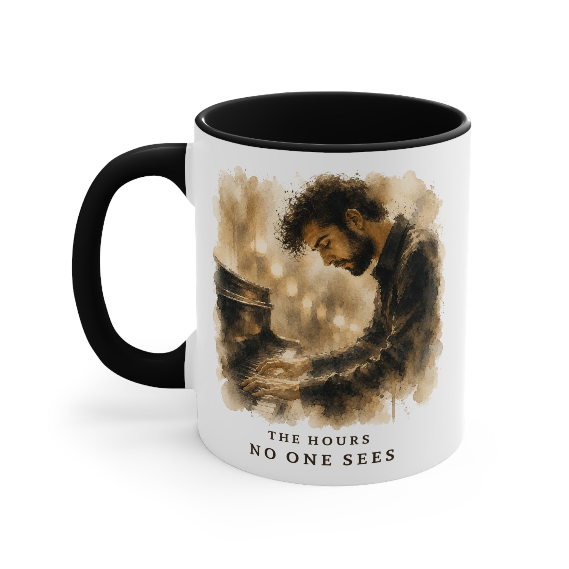 Left view of the The Hours No One Sees piano mug showing the full artwork and black handle.