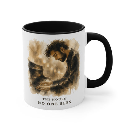 Right view of the The Hours No One Sees piano mug showing the full artwork and black handle.