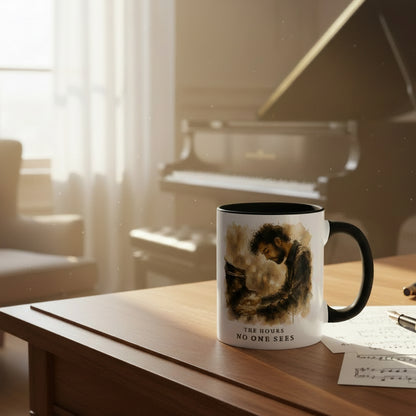 The Hours No One Sees piano mug beside sheet music in front of a grand piano, capturing the quiet atmosphere of dedicated piano practice.