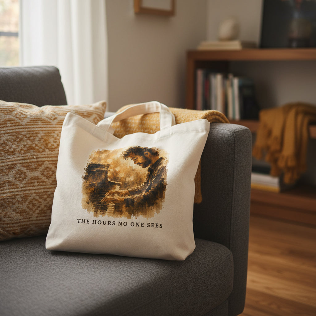 Close-up of The Hours No One Sees piano tote bag resting on a sofa in a cosy home interior.
