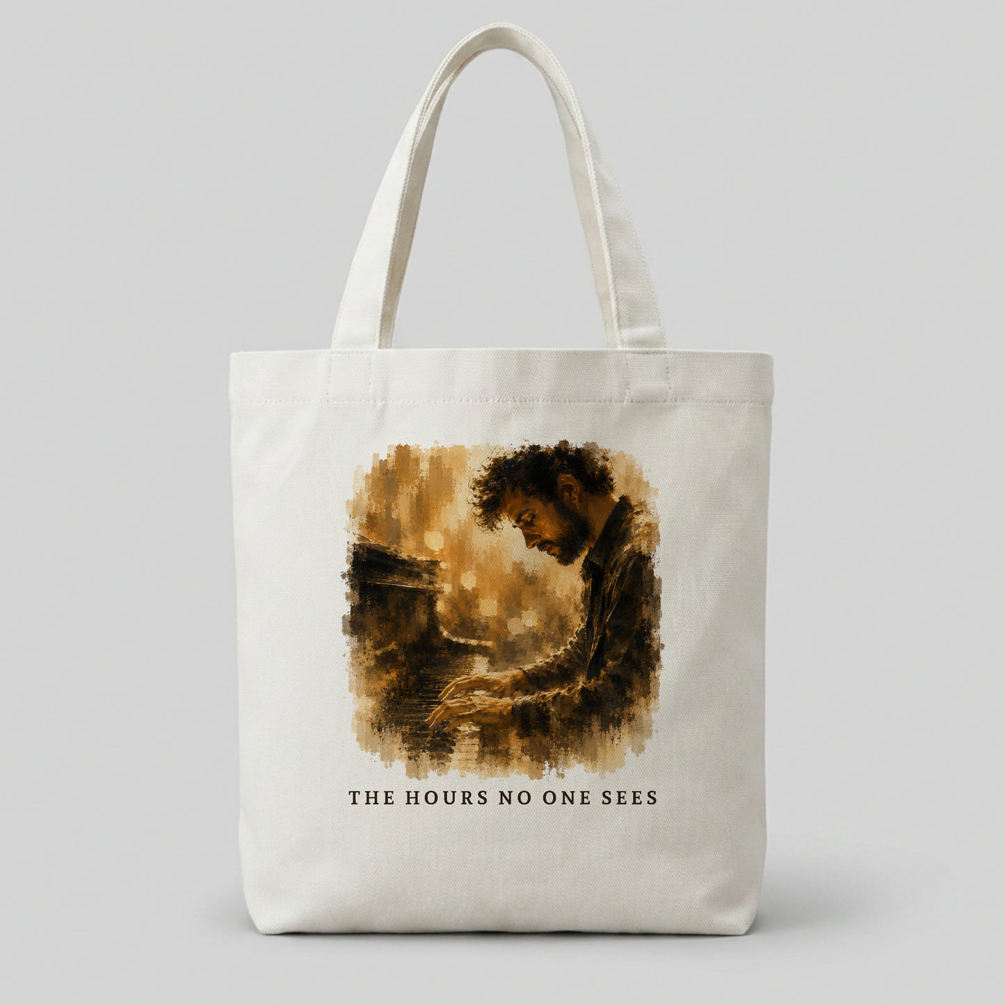 Cream canvas piano tote bag featuring The Hours No One Sees artwork for piano students and music lovers.
