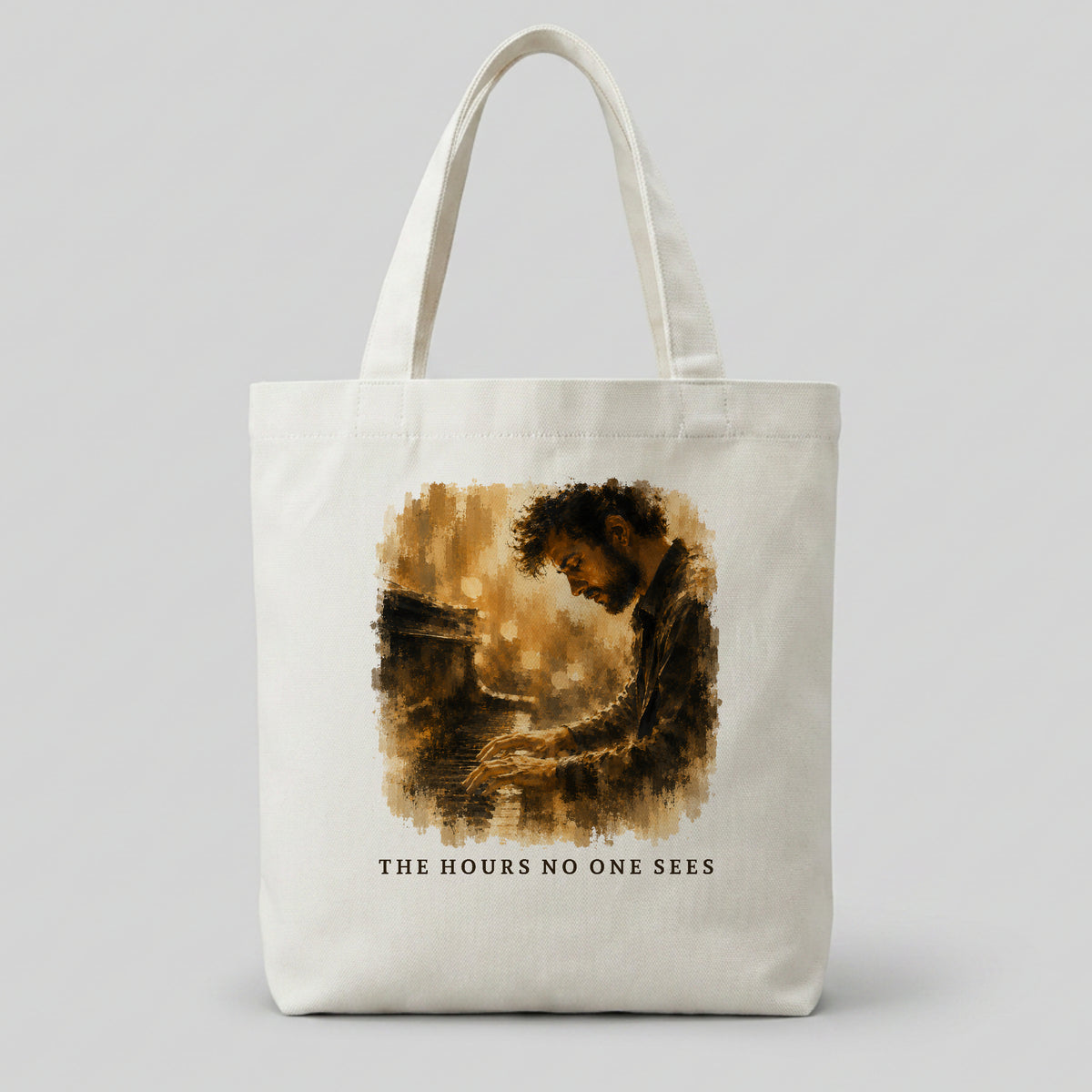 Cream canvas piano tote bag featuring The Hours No One Sees artwork for piano students and music lovers.
