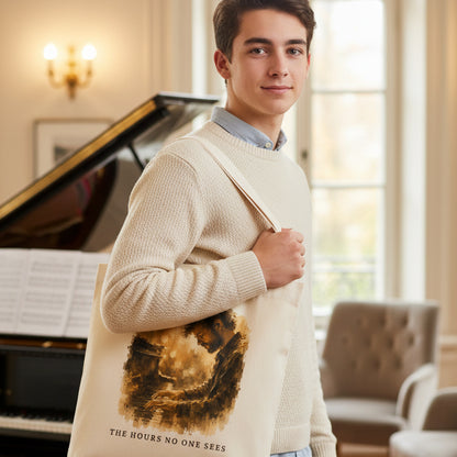Young piano student wearing The Hours No One Sees cream canvas tote bag beside a grand piano.
