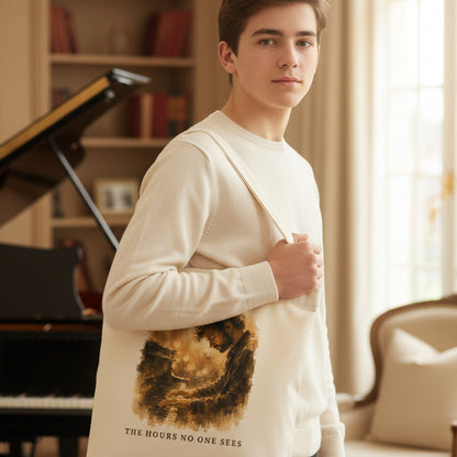 Young piano student carrying The Hours No One Sees cream canvas tote bag in a warm, elegant music room.
