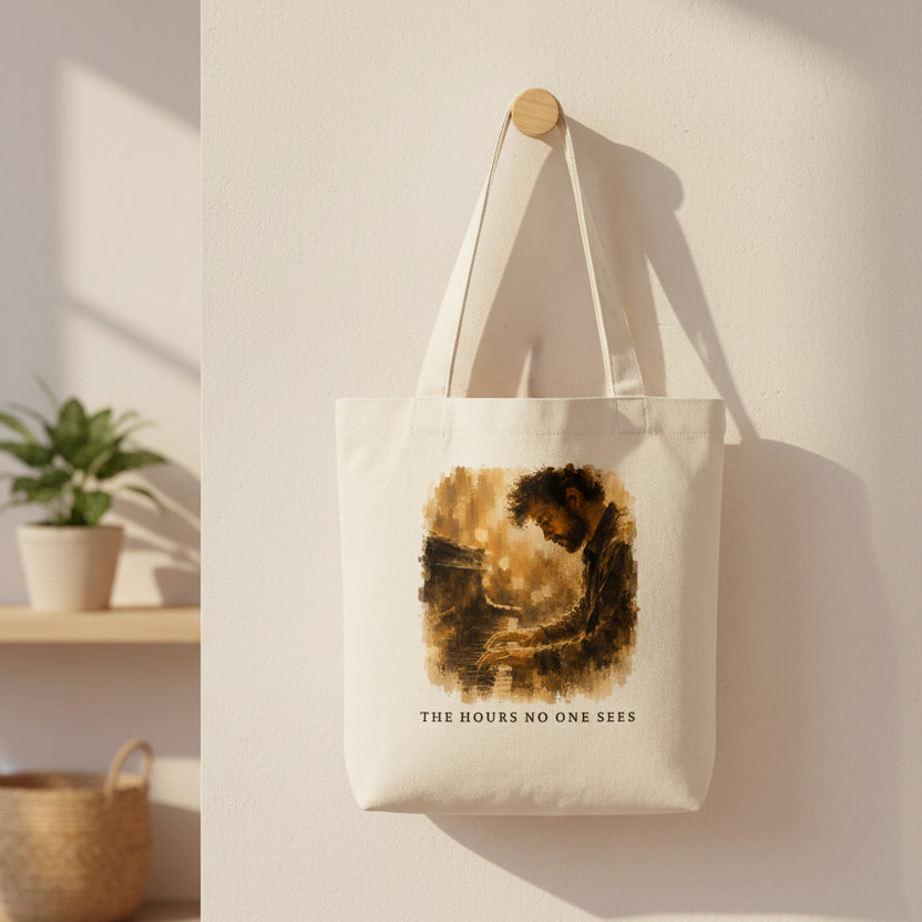 Cream canvas piano tote bag hanging on a wooden wall hook in warm afternoon light, featuring The Hours No One Sees artwork.
