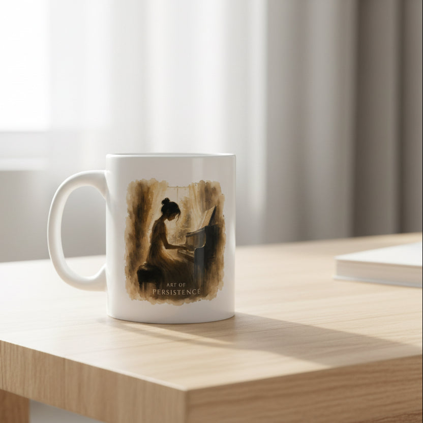 White piano mug featuring The Quiet Hours artwork displayed on a light wooden table in a calm home setting.