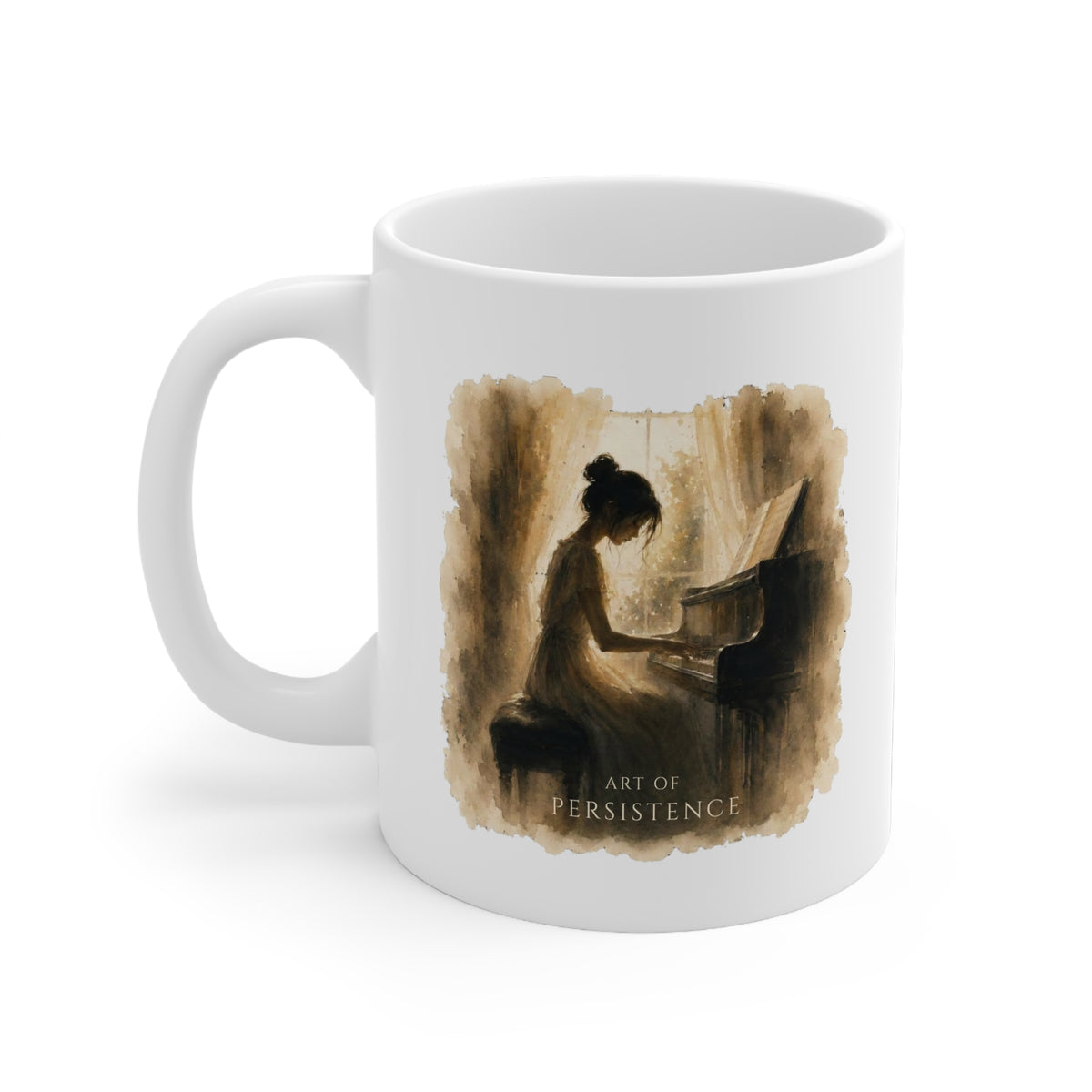 Left-side view of The Quiet Hours piano mug showing the full artwork.