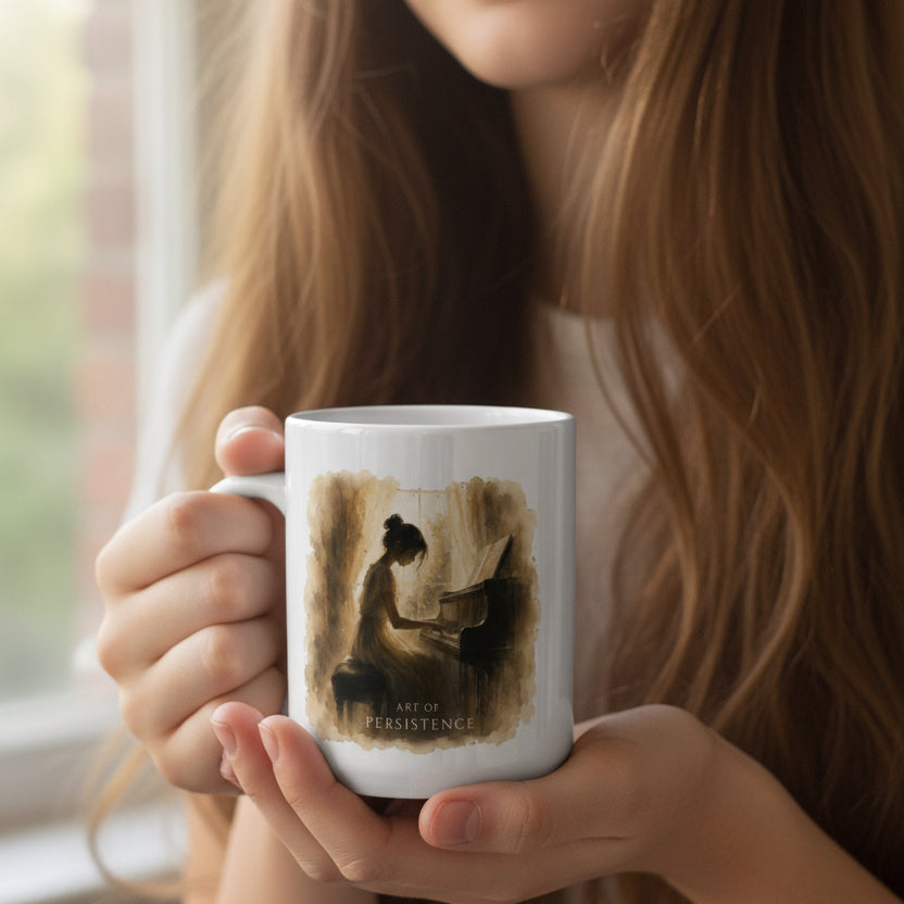 Person holding The Quiet Hours piano mug beside a window in soft natural light.