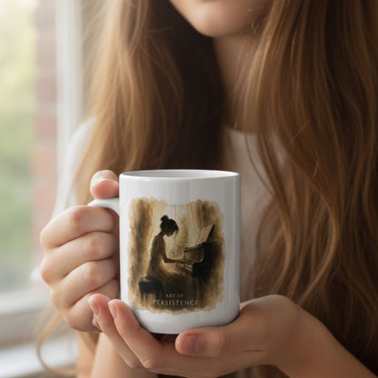 Person holding The Quiet Hours piano mug beside a window in soft natural light.