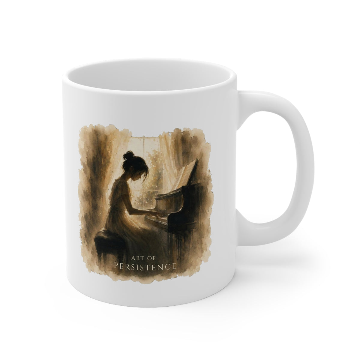 Right-side view of The Quiet Hours piano mug showing the full artwork.
