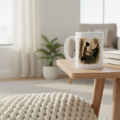 The Quiet Hours piano mug displayed on a side table in a bright, cosy living room.