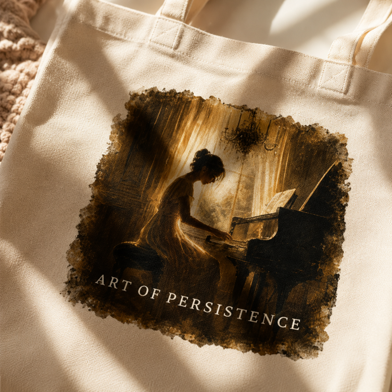 Close-up of The Quiet Hours artwork printed on a cream canvas piano tote bag in warm natural light.