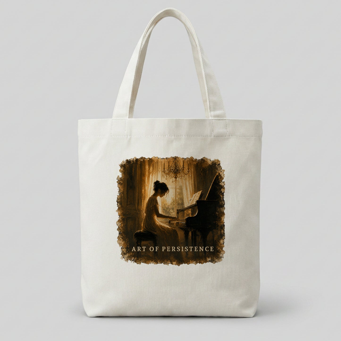 Cream canvas piano tote bag featuring The Quiet Hours artwork for piano students and music lovers.