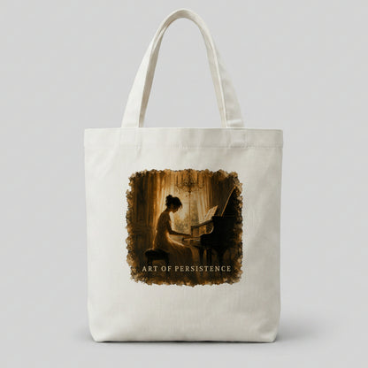Cream canvas piano tote bag featuring The Quiet Hours artwork for piano students and music lovers.