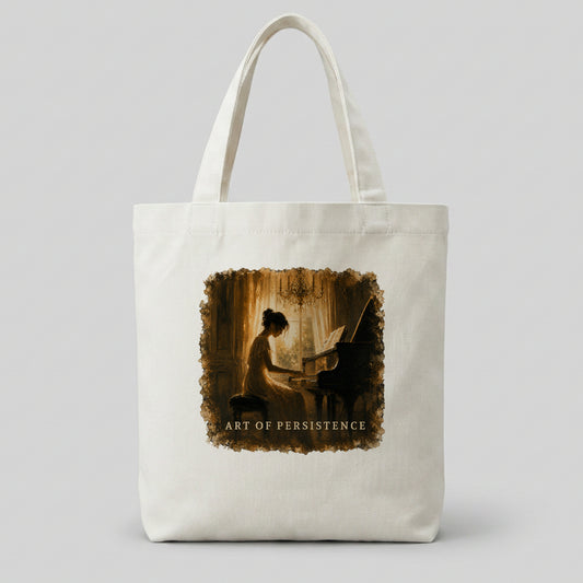 Cream canvas piano tote bag featuring The Quiet Hours artwork for piano students and music lovers.