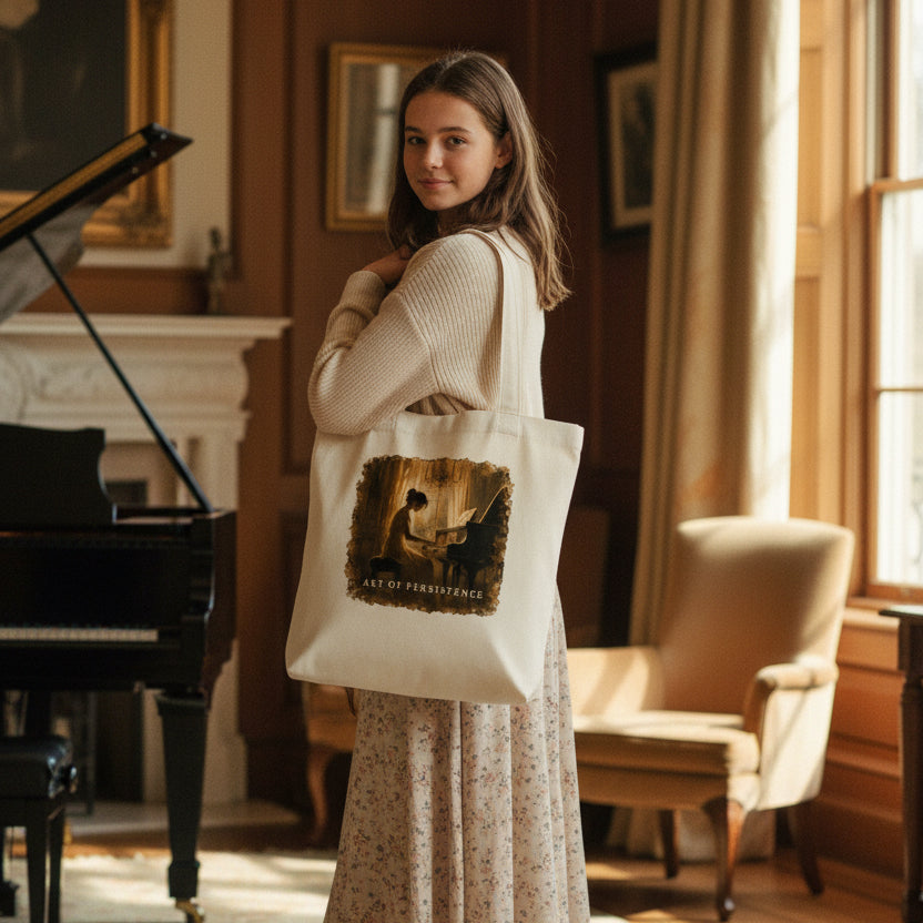 Piano student wearing The Quiet Hours cream canvas tote bag beside a grand piano in a warmly lit music room.