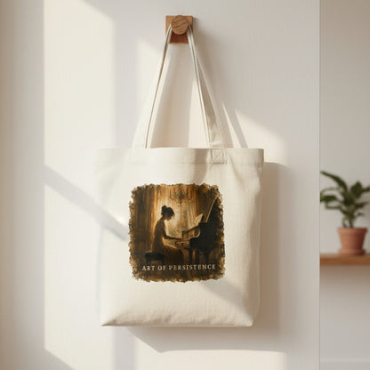 Cream canvas piano tote bag hanging on a wooden wall hook in warm afternoon light, featuring The Quiet Hours artwork.
