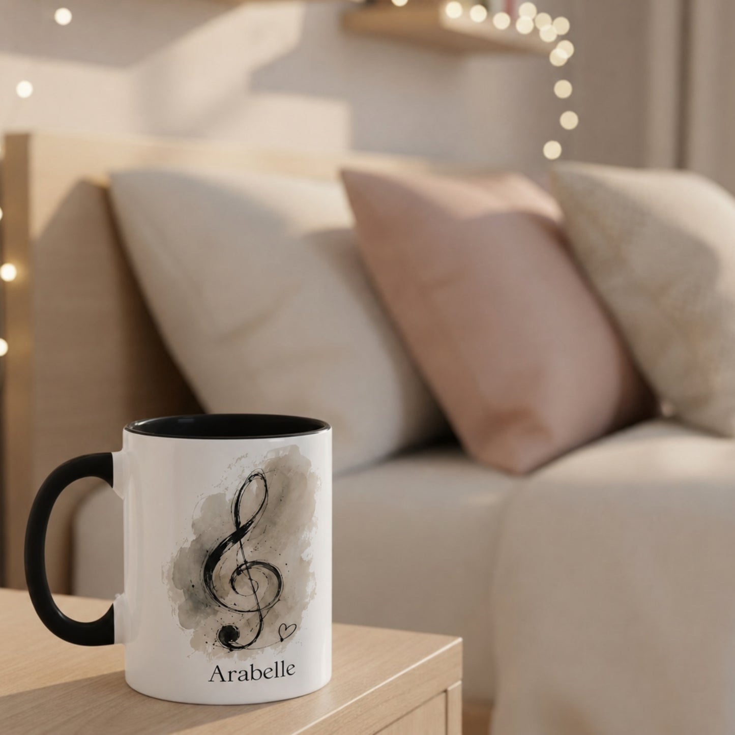 Treble Dreams Arabelle personalised music mug displayed on a bedside table in a cosy bedroom with soft fairy lights.