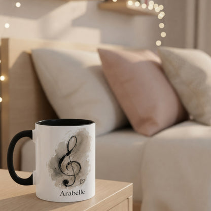 Treble Dreams Arabelle personalised music mug displayed on a bedside table in a cosy bedroom with soft fairy lights.