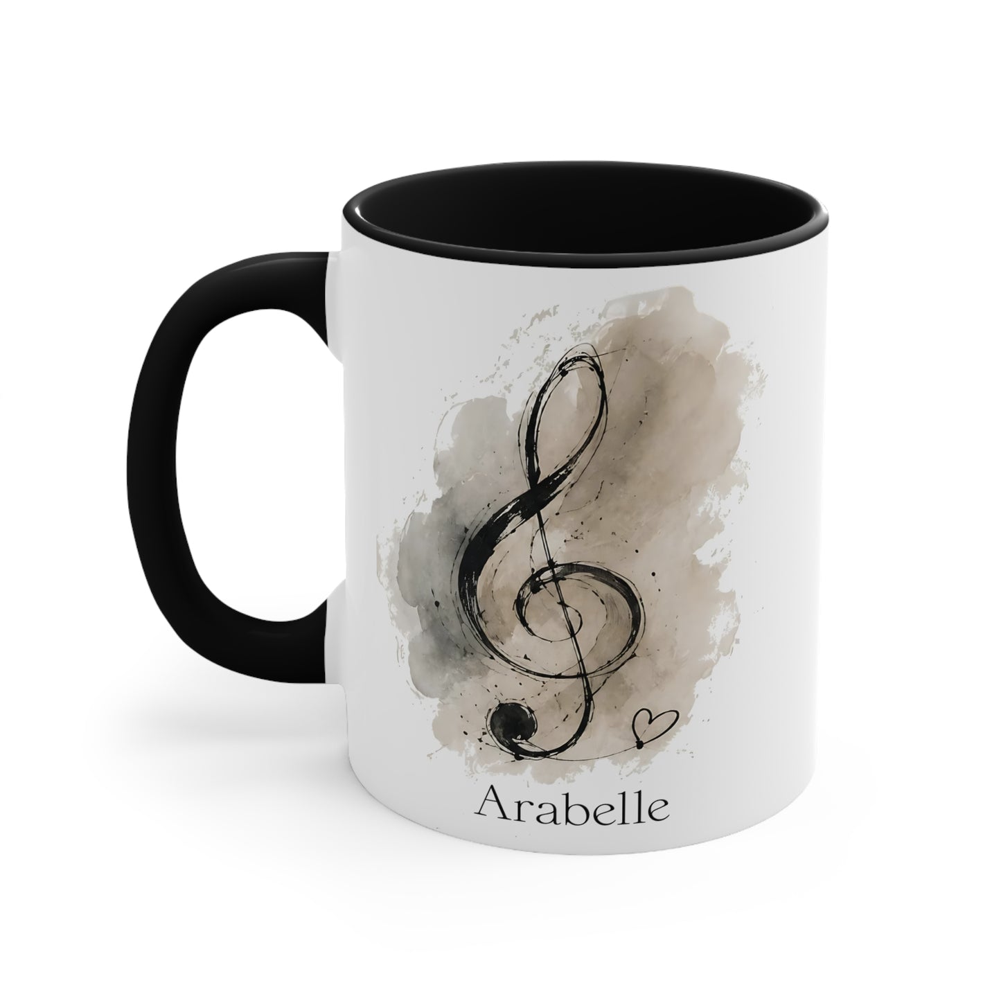 Left view of the Treble Dreams Arabelle personalised white ceramic music mug with black handle featuring an elegant treble clef illustration.