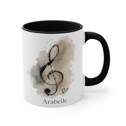 Right view of the Treble Dreams Arabelle personalised white ceramic music mug with black handle featuring an elegant treble clef 