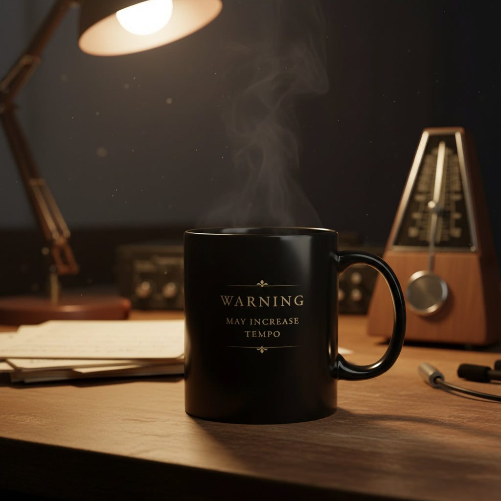 Warning May Increase Tempo piano mug styled with a metronome and sheet music