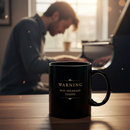 Warning May Increase Tempo piano mug beside a pianist practising at the piano