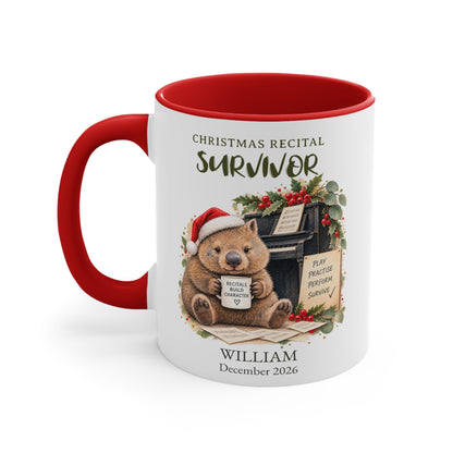 Christmas Recital Survivor personalised piano student mug with festive wombat artwork, red handle, name William and December 2026.