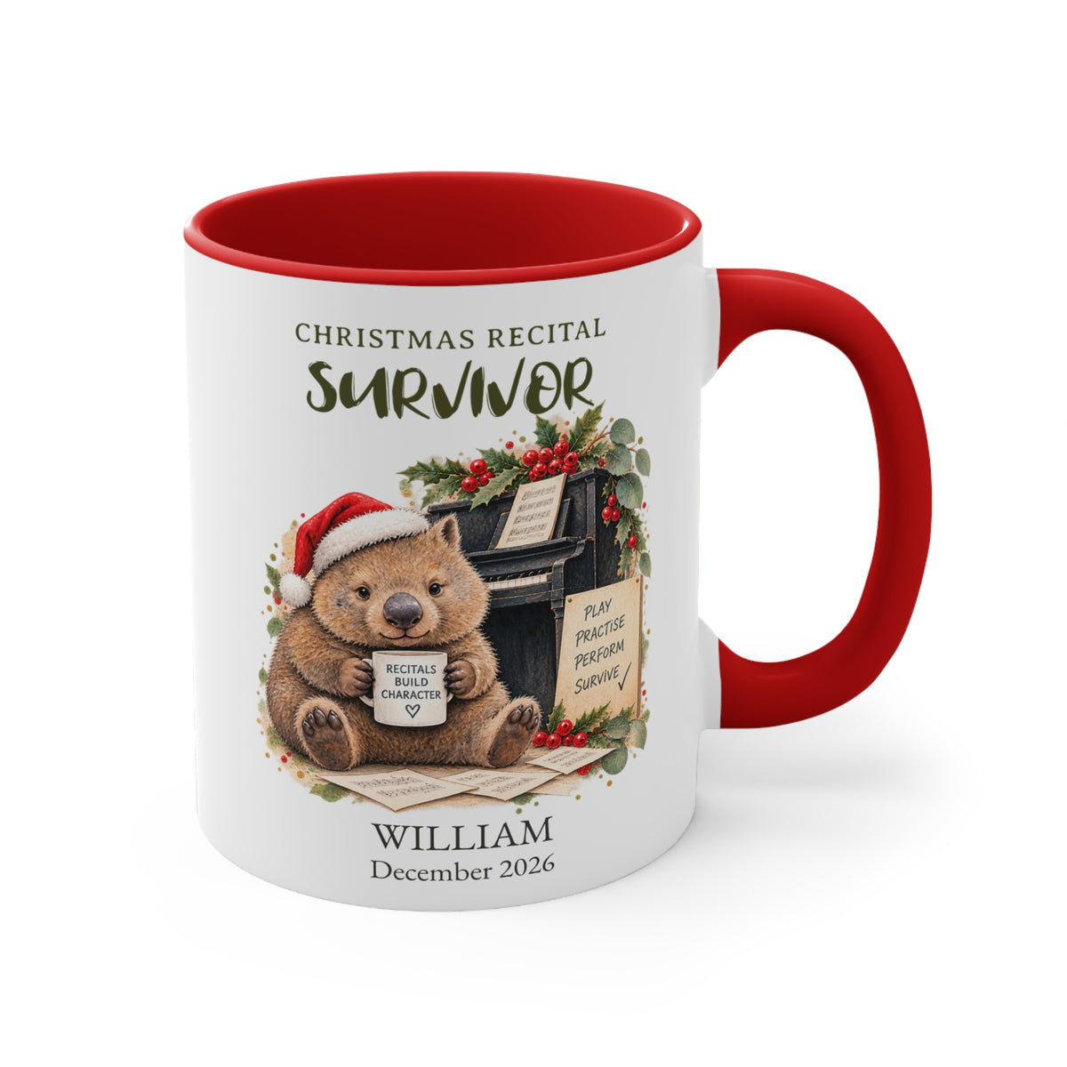 Personalised wombat piano mug for a Christmas recital, featuring Christmas Recital Survivor artwork and customised student name and date.