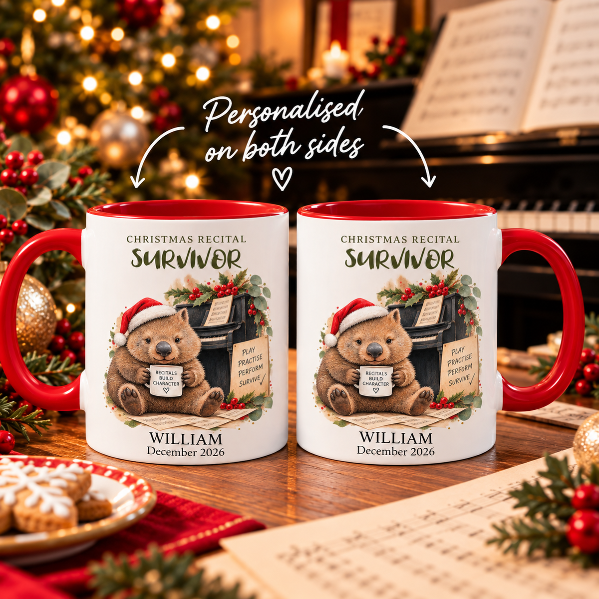 Two personalised Christmas Recital Survivor wombat mugs showing that the piano student’s name and recital date appear on both sides.