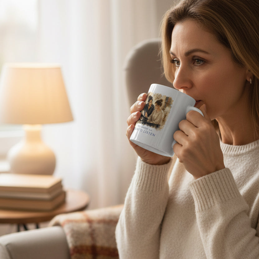 Person enjoying the You Taught Me How To Listen piano teacher appreciation mug