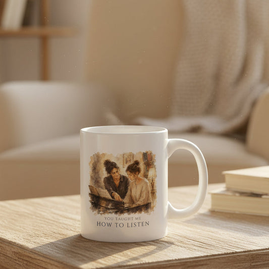 You Taught Me How To Listen piano teacher appreciation mug on a wooden table with books and soft morning light